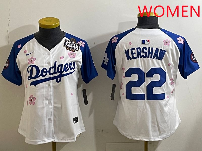 Women Los Angeles Dodgers 22 Kershaw White Blue Sakura Edition 2025 Nike MLB Jersey style 6